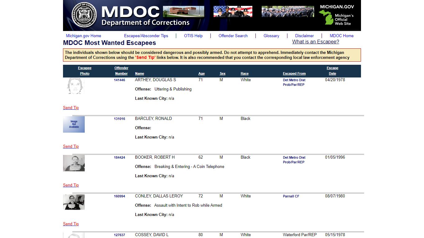 Michigan Department of Corrections Most Wanted Escapees/Absconders